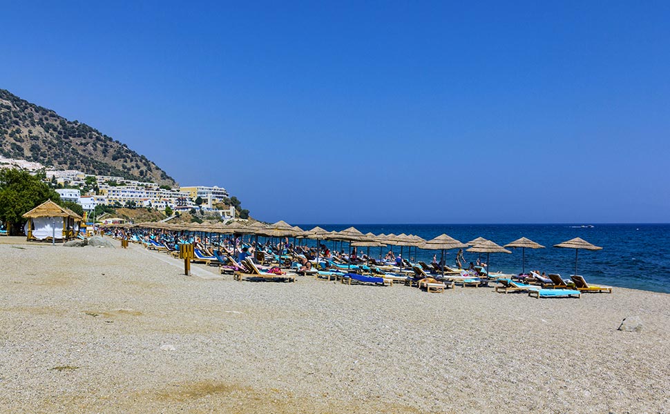 Beach on the right-hand side of Kardamena beneath Mitsis Hotels. 