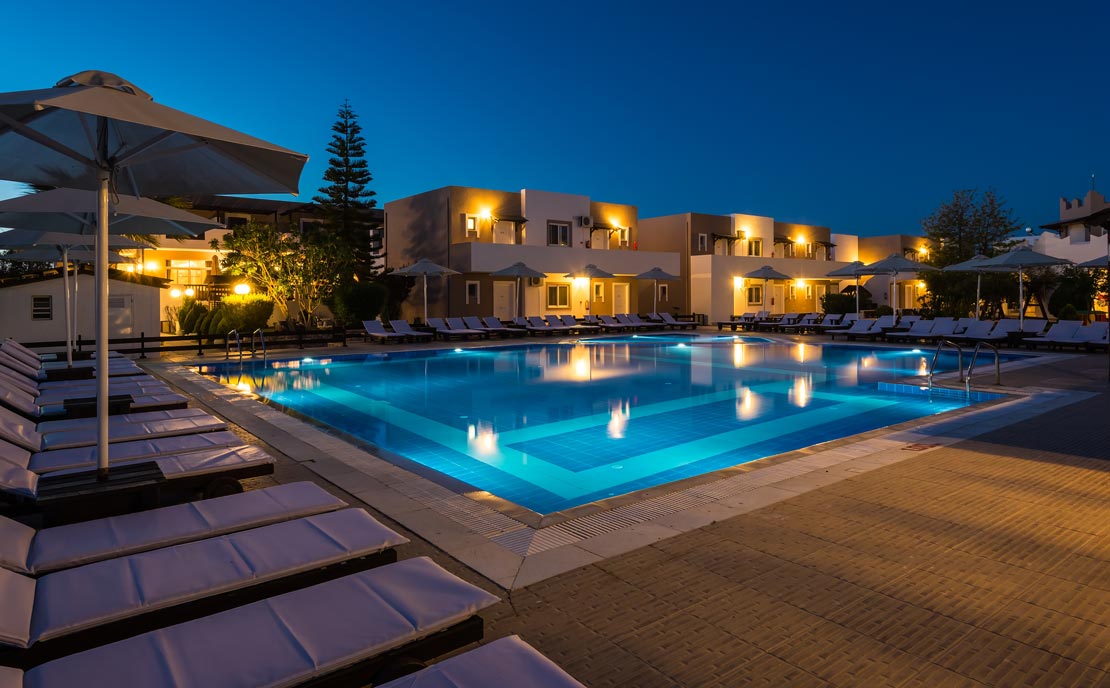 Night view of second pool at Gaia Village Hotel